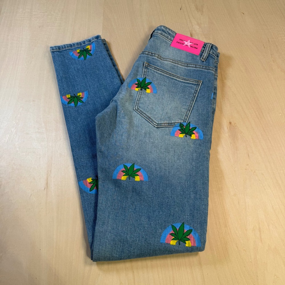 You Can't Relate Psychosocialism Jeans Size 30/36 Rainbow‎ Weed Print